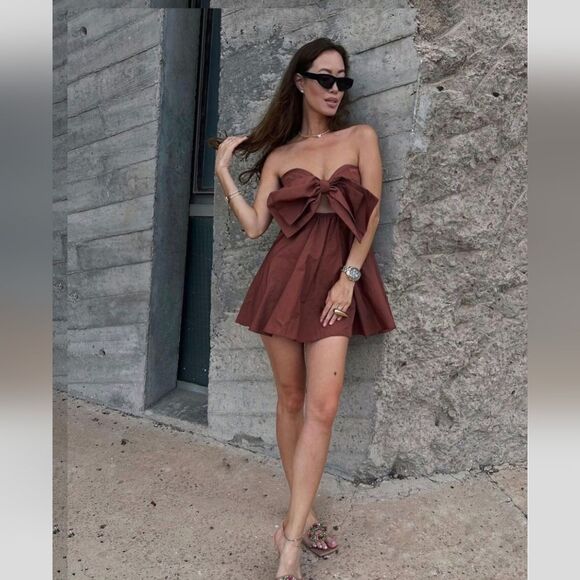 Zara CUT OUT BOW TAFFETA DRESS brown - Picture 5 of 10
